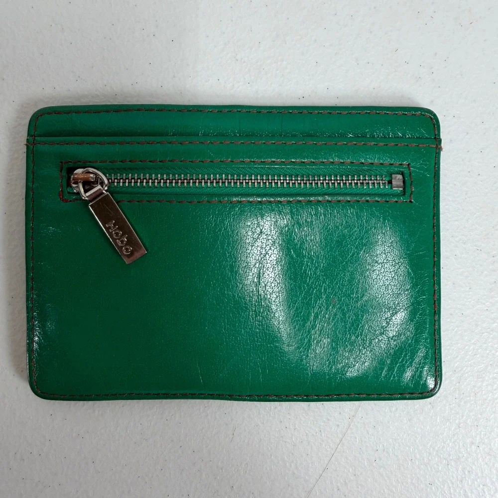 Hobo Euro Slide Card Case Holder Slim Zipper ID Window Green Leather Wallet